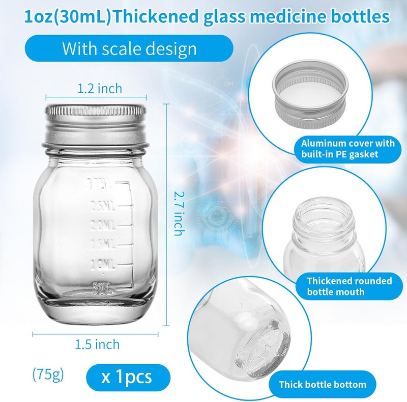 eispap 1Pc Glass medicine bottles 1oz 30 ml Glass Reagent Bottles Transparent Sample Jar,Wide Mouth,Screw Cap with Scale for Home, Argent Lid (1) - Image 1